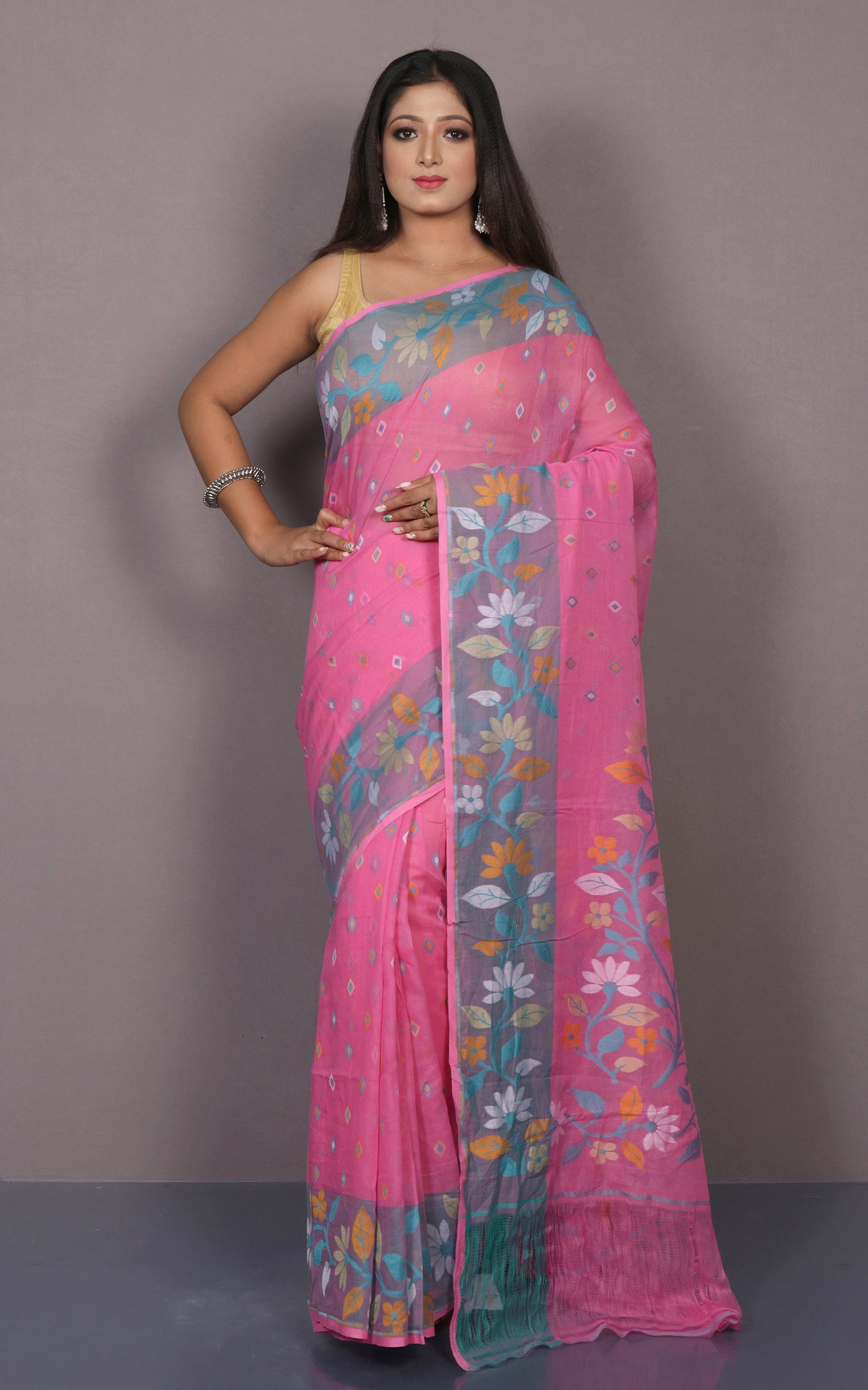 Hand Woven Work Cotton Jamdani Saree in Rose Pink, Glacier Blue and Multicolored