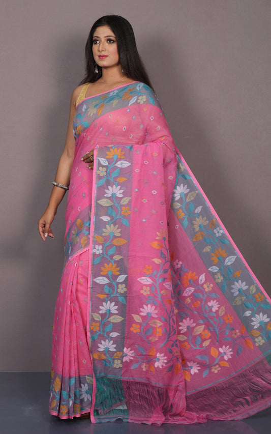 Hand Woven Work Cotton Jamdani Saree in Rose Pink, Glacier Blue and Multicolored