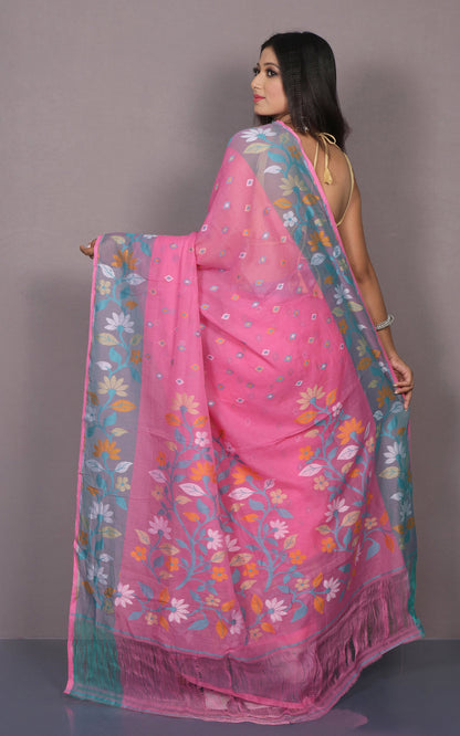 Hand Woven Work Cotton Jamdani Saree in Rose Pink, Glacier Blue and Multicolored