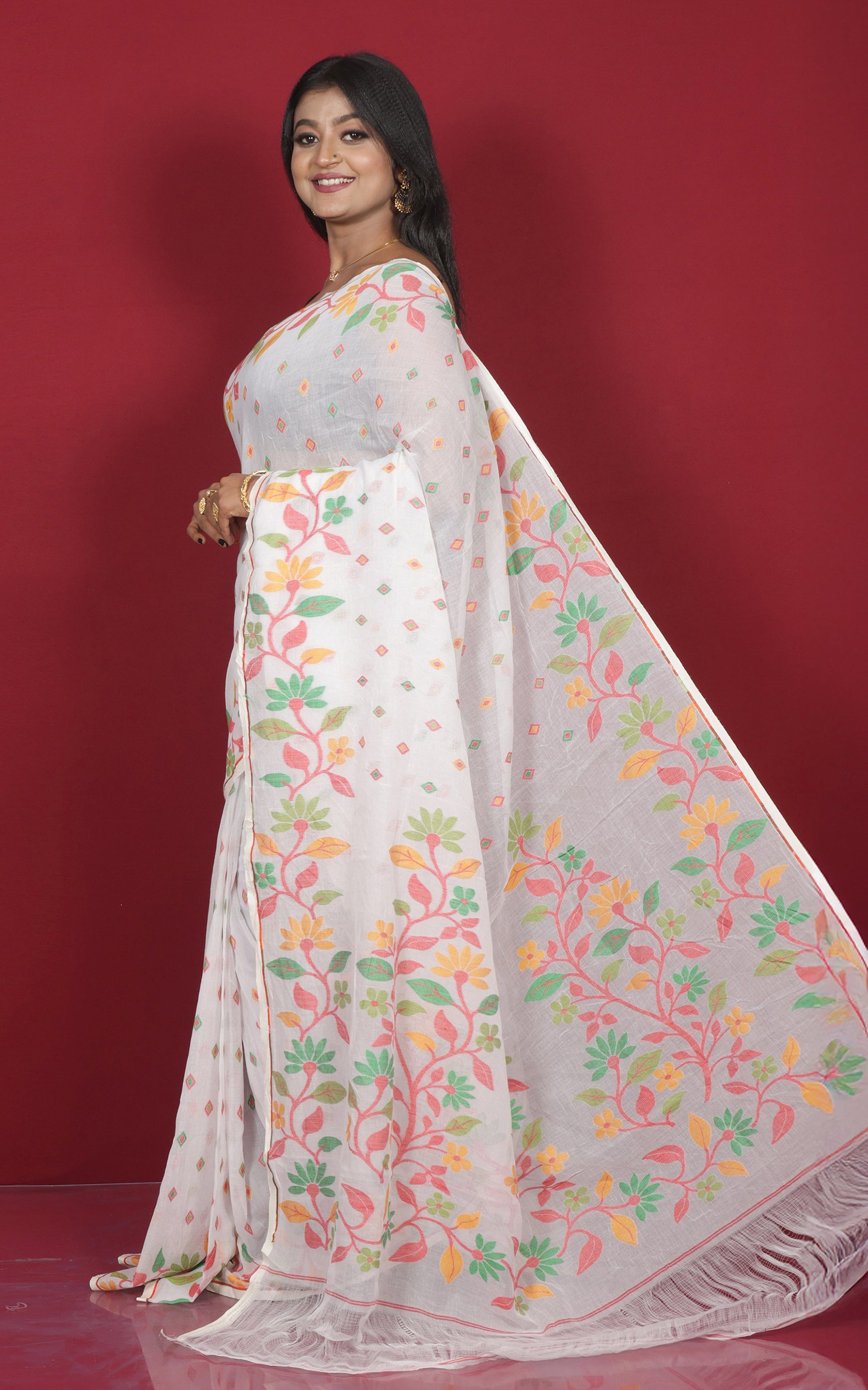 Hand Woven Work Cotton Jamdani Saree in Off White, Red, Green and Amber Yellow