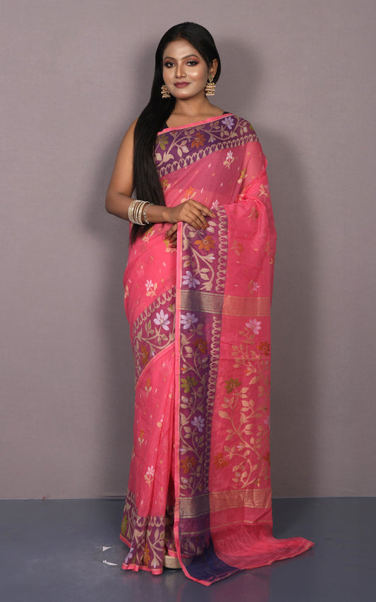 Hand Woven Work Cotton Jamdani Saree in Dark Pink, Purple and Multicolored