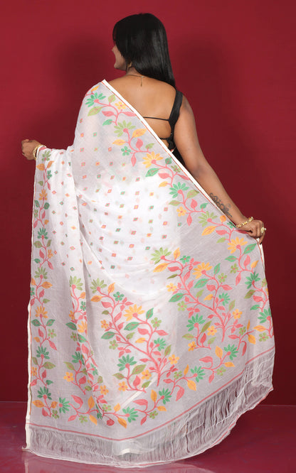 Hand Woven Work Cotton Jamdani Saree in Off White, Red, Green and Amber Yellow