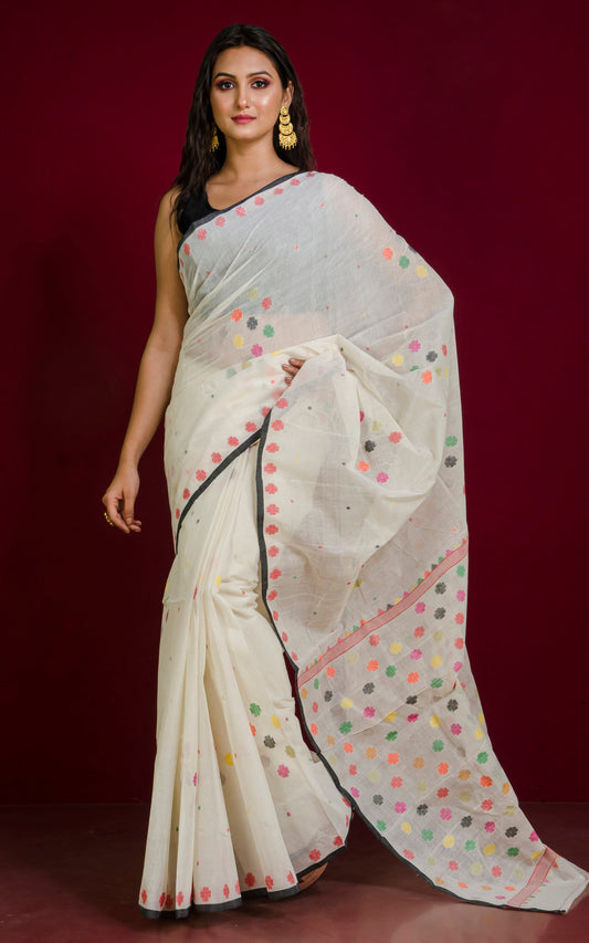 Premium Quality Hand Work Cotton Dhakai Jamdani Saree in Off White, Black and Multicolored Woven Thread Work
