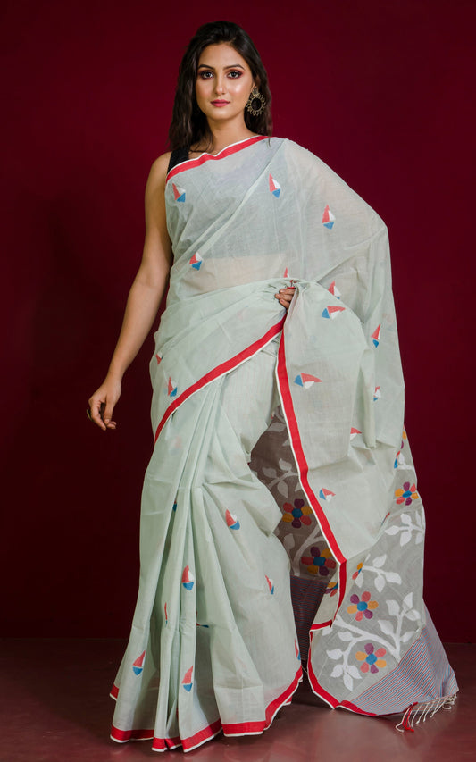 Premium Quality Hand Work Cotton Dhakai Jamdani Saree in Paste Green, Red and Multicolored Woven Thread Work