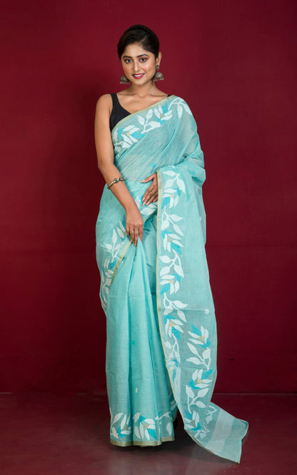 Premium Quality Hand Work Cotton Dhakai Jamdani Saree in Light Turquoise, Sky Blue, Off White and Gold