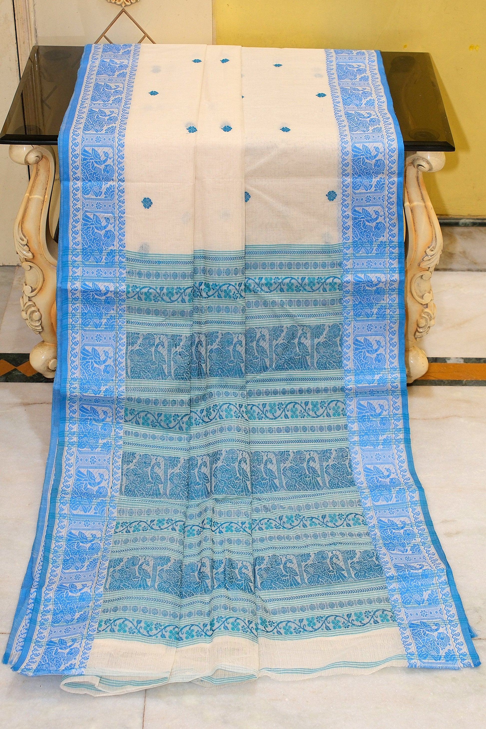 Bengal Handloom Cotton Baluchari Saree in Off White and Sky Blue