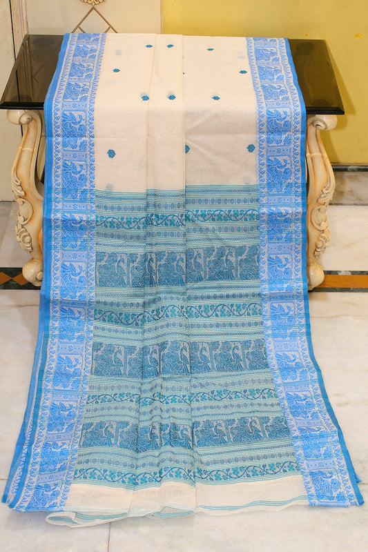 Bengal Handloom Cotton Baluchari Saree in Off White and Sky Blue