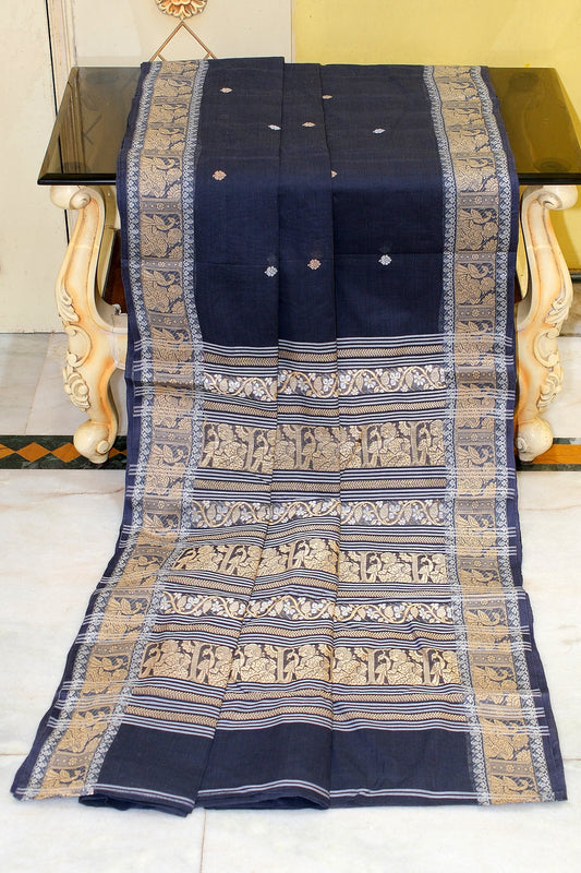 Bengal Handloom Cotton Baluchari Saree in Cloud Burst Grey, Warm Beige and Off White