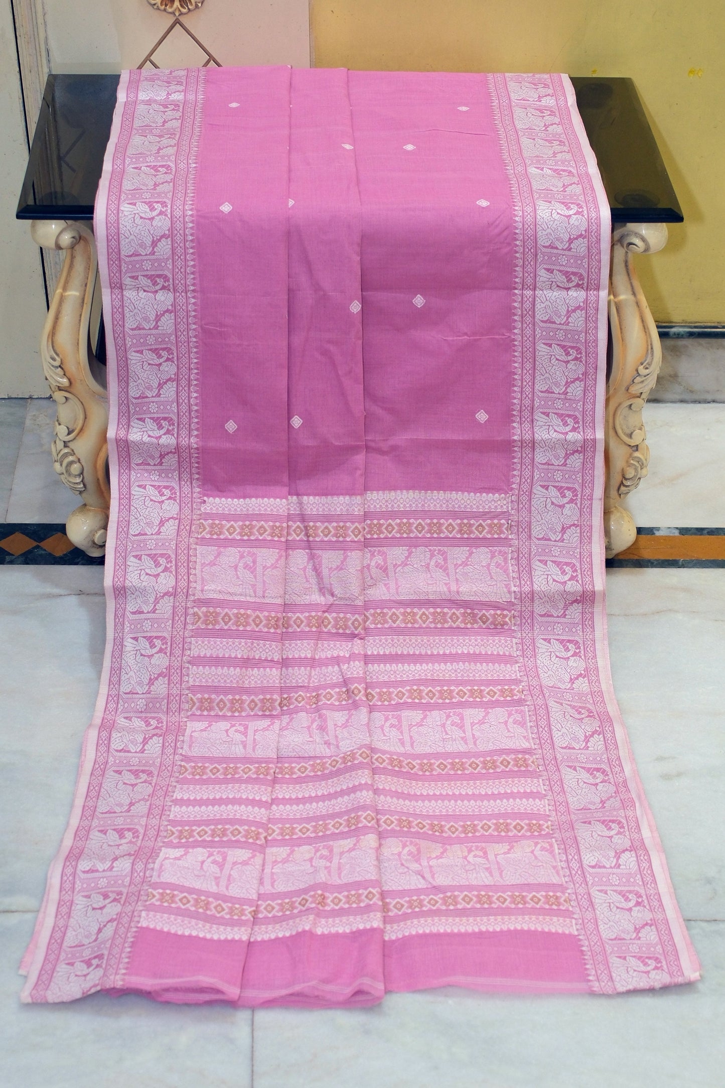 Bengal Handloom Cotton Baluchari Saree in Pastel Pink, Beige and Off White