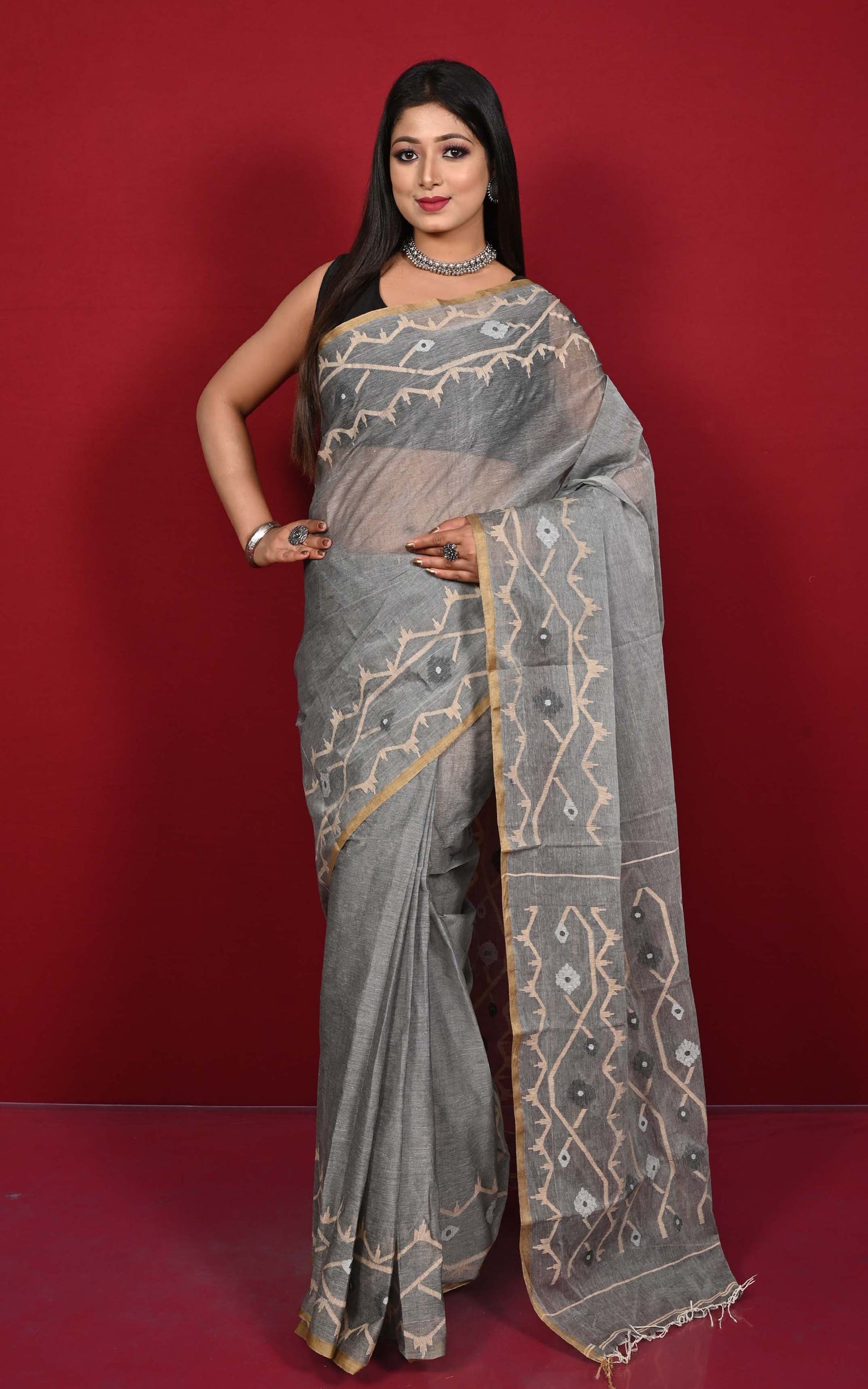 Hand Karat Needle Woven Work Pure Cotton Bengal Jamdani Saree Suva Grey and Beige