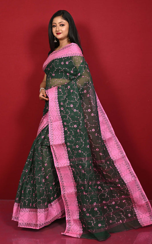 Bengal Handloom Cotton Saree with Floral Jaal Embroidery Work in Dark Bottle Green and Pink