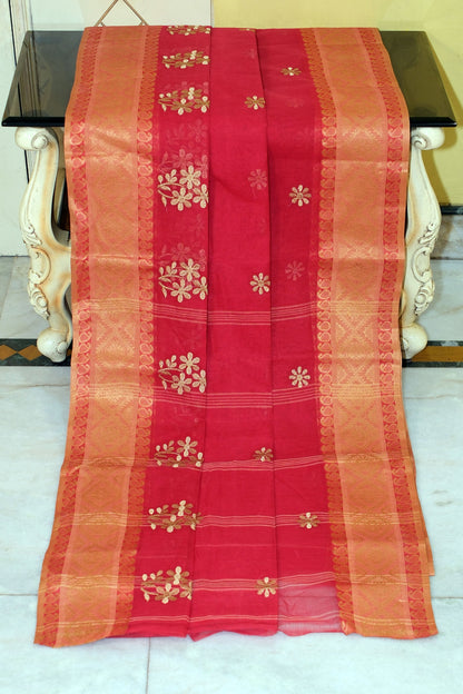 Bengal Handloom Cotton Saree with Floral Skirt Motif Embroidery in Red and Warm Beige