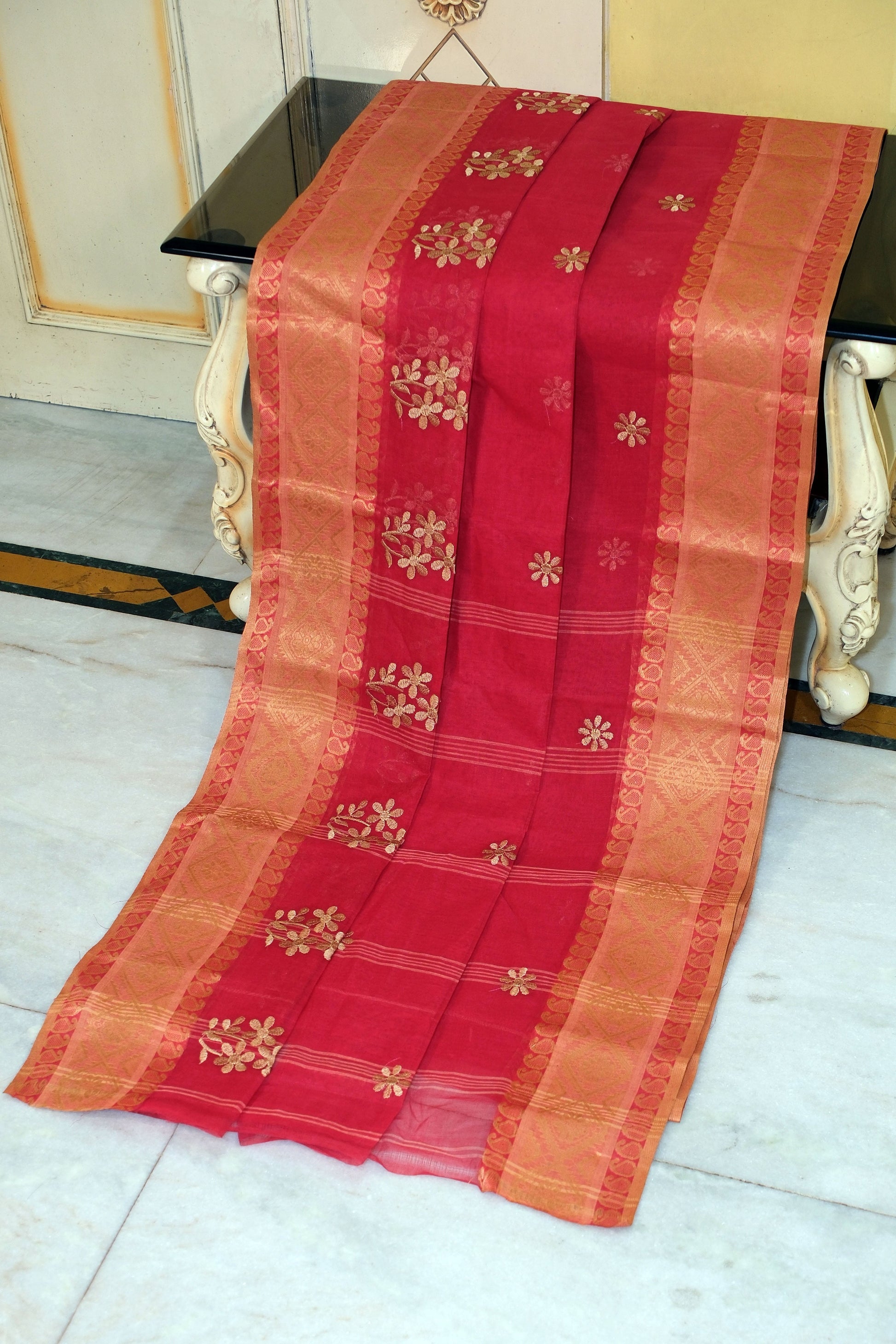 Bengal Handloom Cotton Saree with Floral Skirt Motif Embroidery in Red and Warm Beige