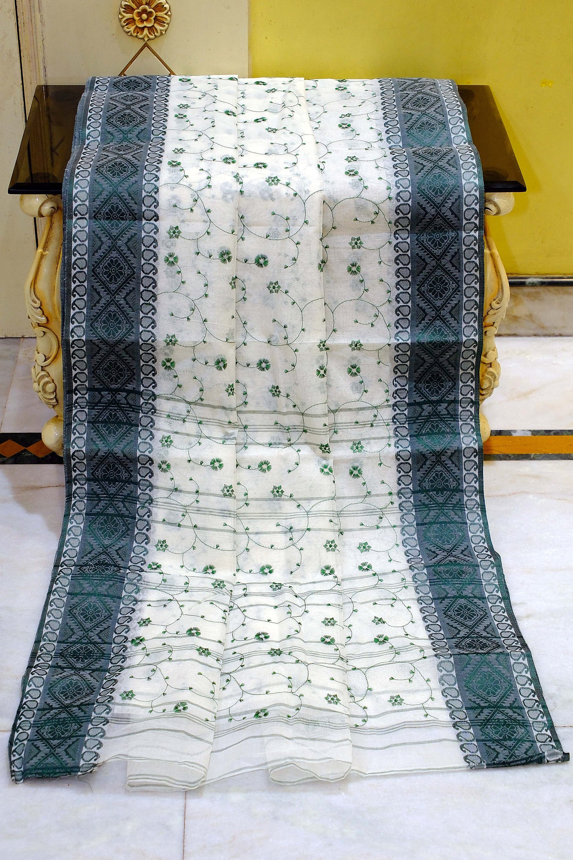 Bengal Handloom Cotton Saree with Floral Jaal Embroidery Work in Off White and Dark Green
