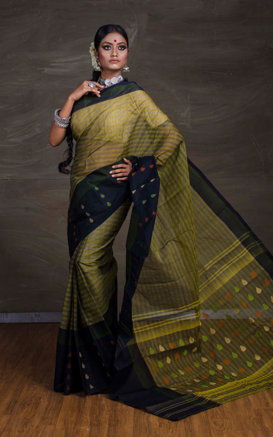 Bengal Handloom Cotton Bomkai Saree in Moss Green