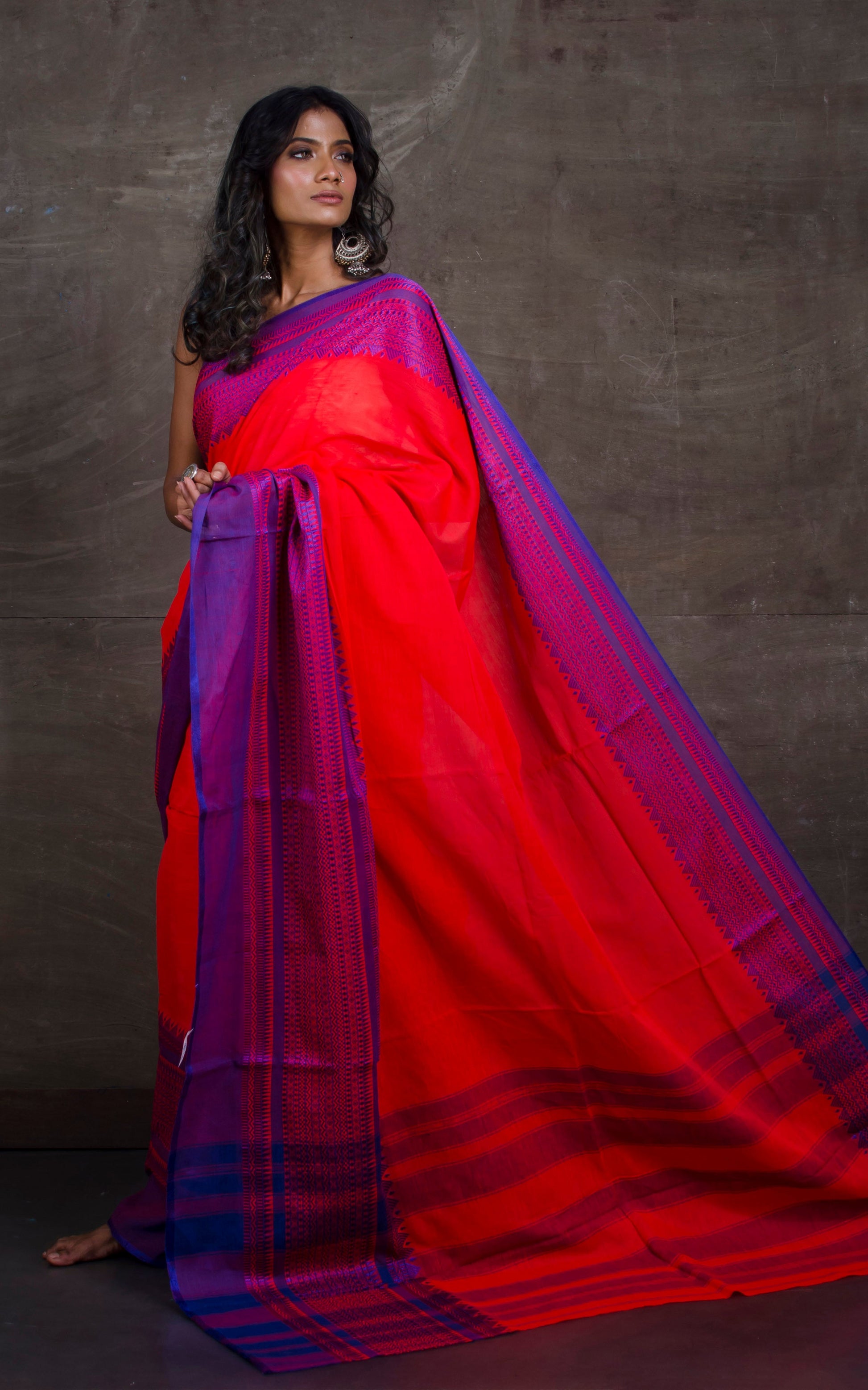 Bengal Handloom Designer Skirt Mahapar Cotton Saree in Bright Red and Purple