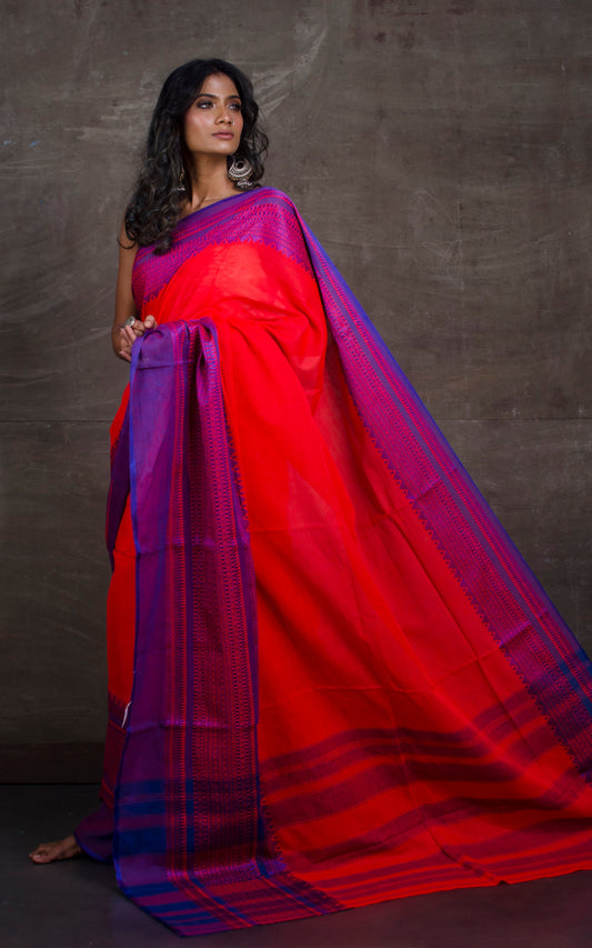 Bengal Handloom Designer Skirt Mahapar Cotton Saree in Bright Red and Purple