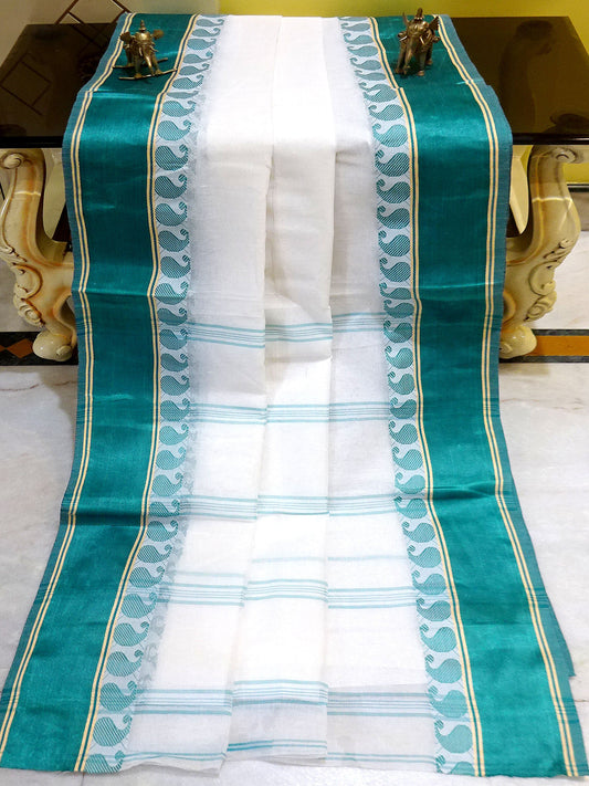 Velvet Border Bengal Handloom Cotton Saree in White and Rama Green