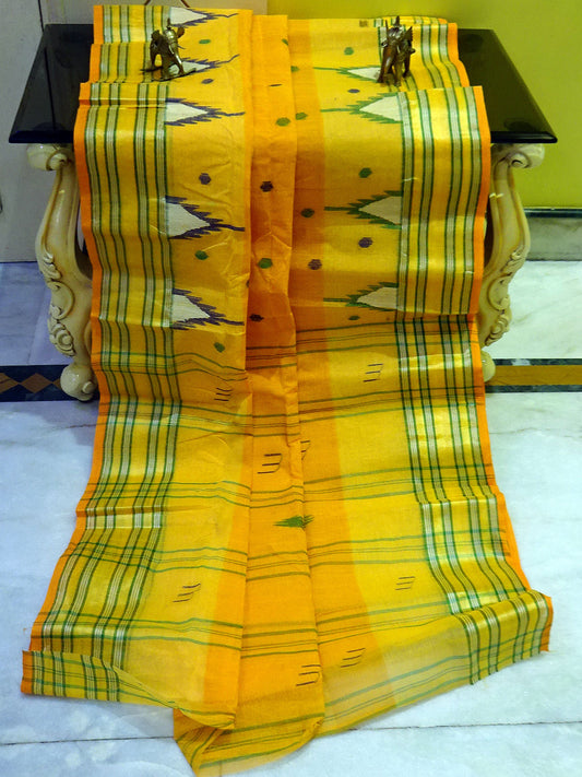 Hand Made Starched Bengal Cotton Tangail Saree in Golden Yellow and Multicolored