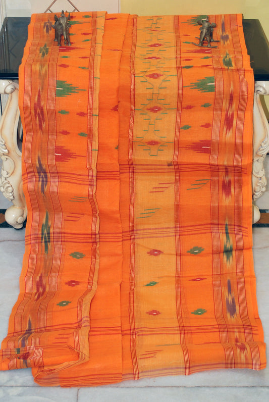 Hand Made Starched Bengal Cotton Tangail Saree in Squash Orange and Multicolored