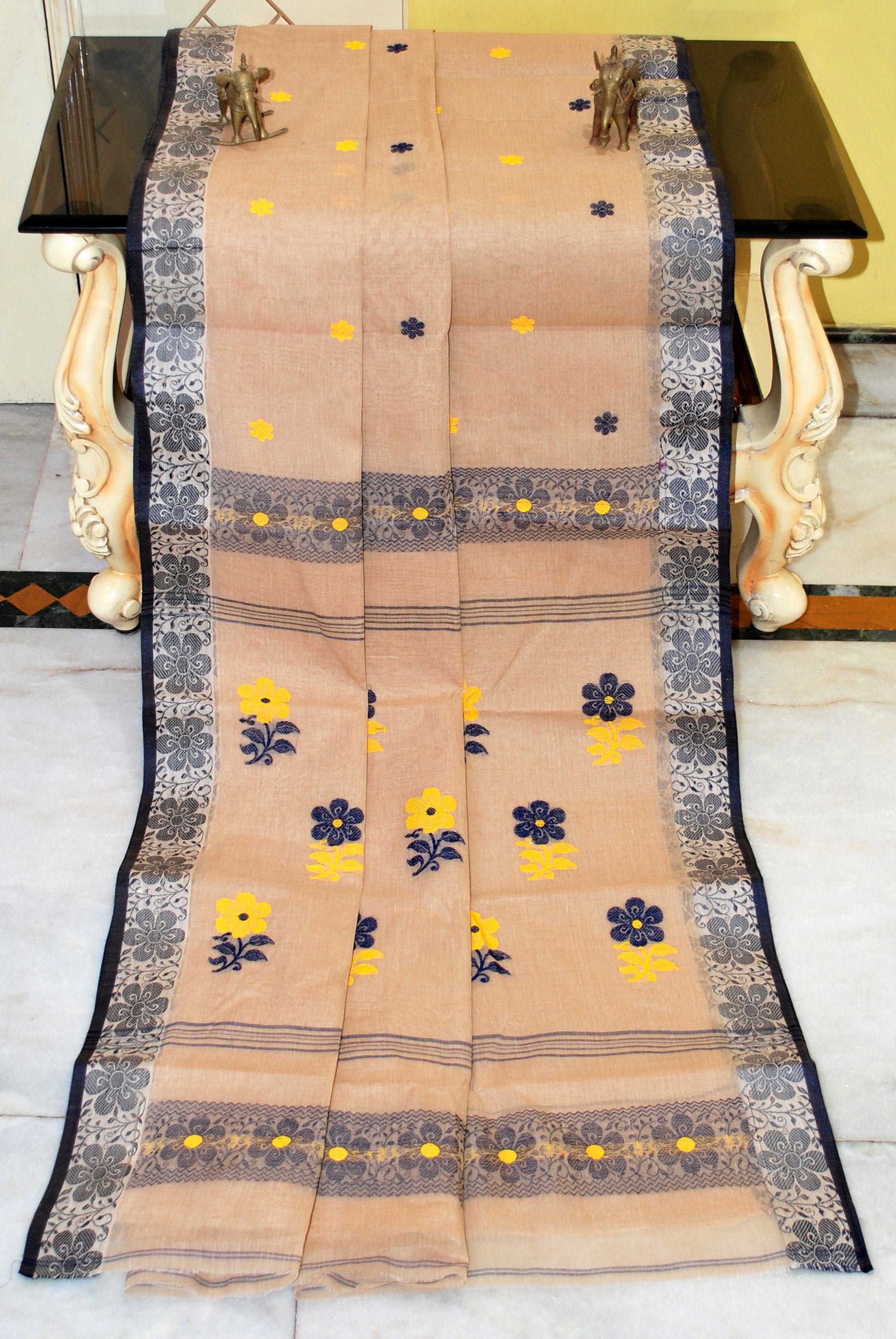 Medium Size Thread Nakshi Border Premium Quality Bengal Handloom Cotton Saree in Tan Brown, Midnight Blue and Yellow