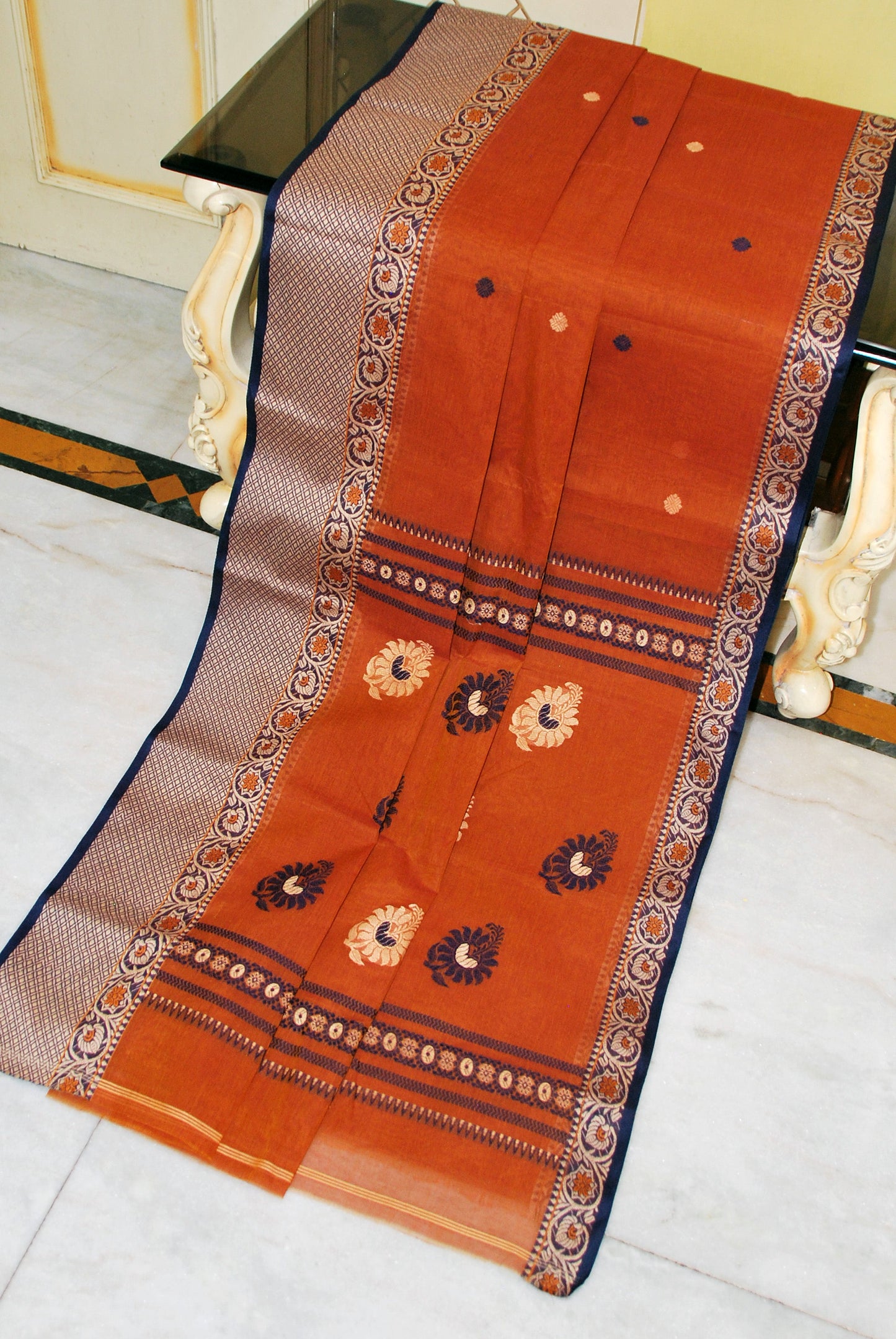Bengal Handloom Thread Work Bomkai Cotton Saree in Rust Brown, Beige and Black