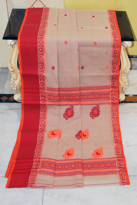 Bengal Handloom Thread Work Bomkai Cotton Saree in Hazelnut Beige, Red and Orange