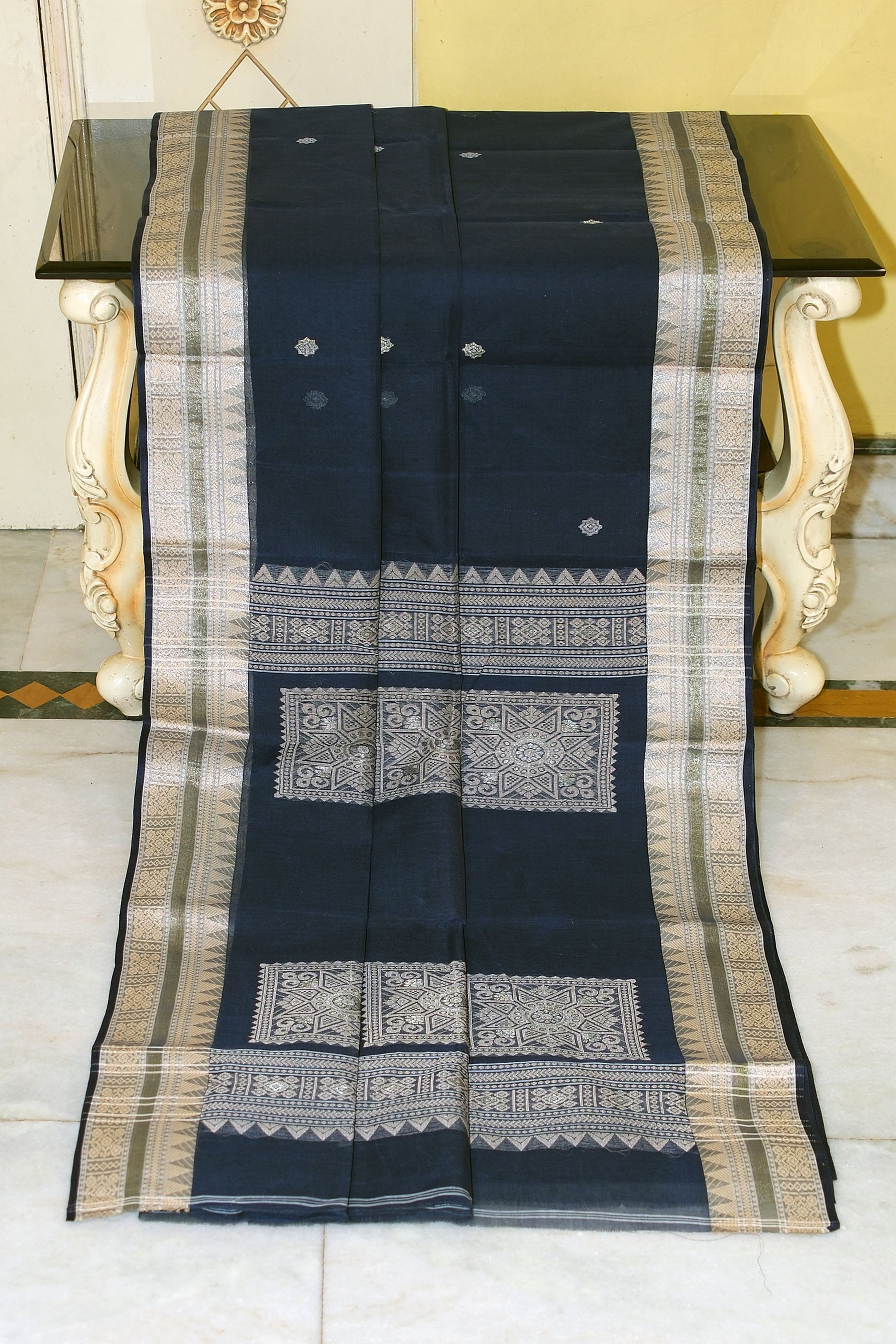 Medium Size Thread Nakshi Border Premium Quality Bengal Handloom Cotton Saree in Midnight Blue, Beige and Water Golden Minakari Zari Nakshi Weave