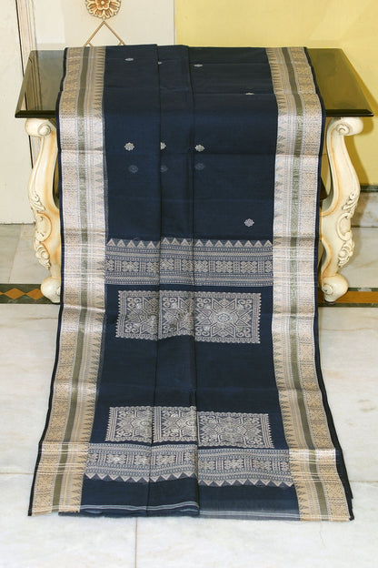 Medium Size Thread Nakshi Border Premium Quality Bengal Handloom Cotton Saree in Midnight Blue, Beige and Water Golden Minakari Zari Nakshi Weave