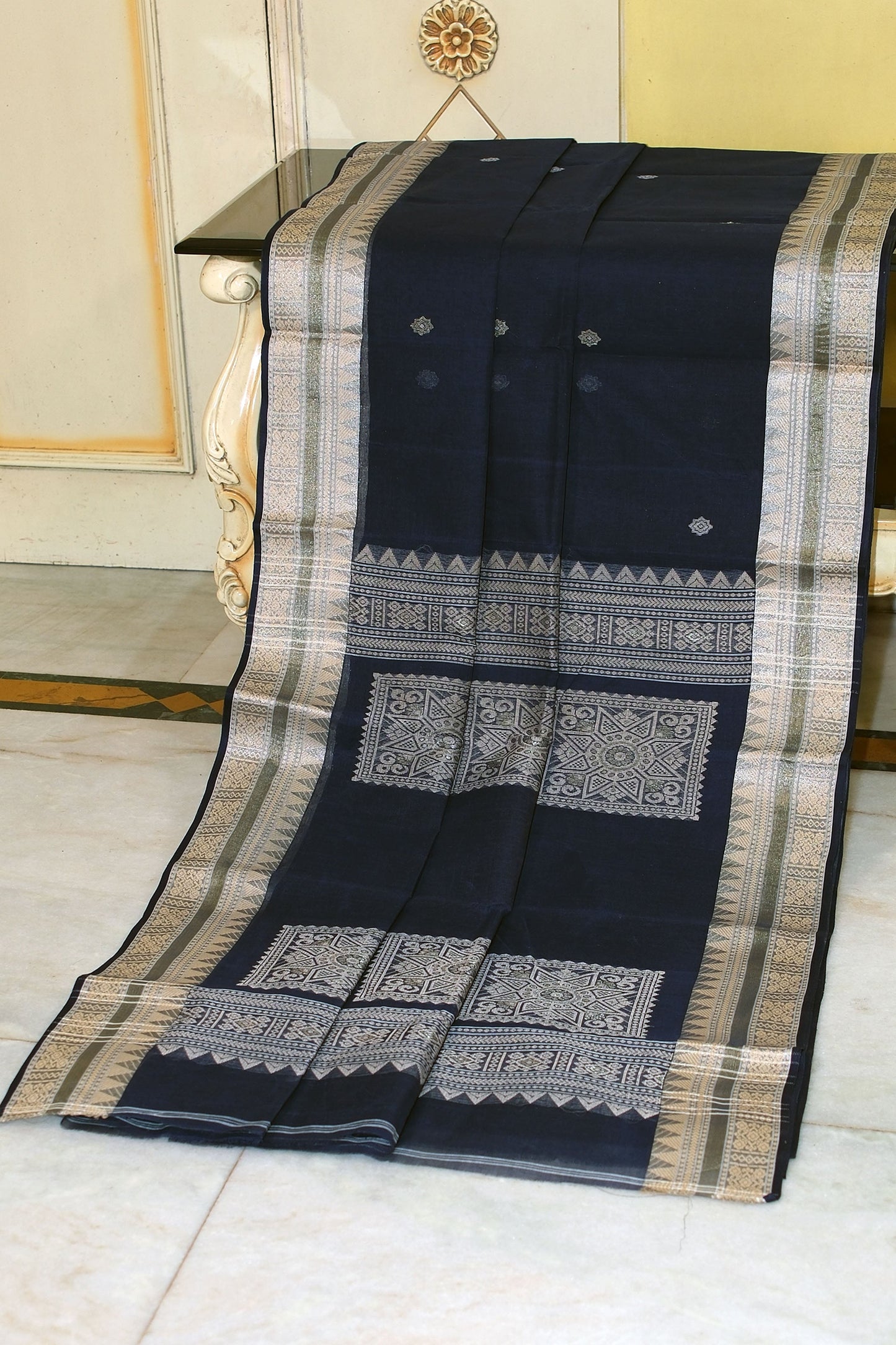 Medium Size Thread Nakshi Border Premium Quality Bengal Handloom Cotton Saree in Midnight Blue, Beige and Water Golden Minakari Zari Nakshi Weave