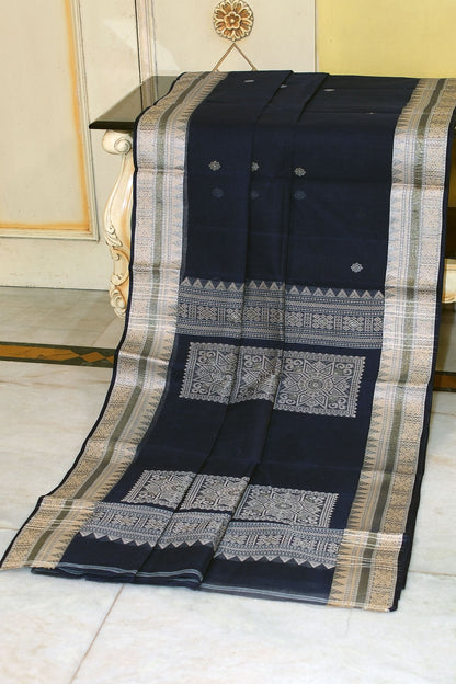 Medium Size Thread Nakshi Border Premium Quality Bengal Handloom Cotton Saree in Midnight Blue, Beige and Water Golden Minakari Zari Nakshi Weave