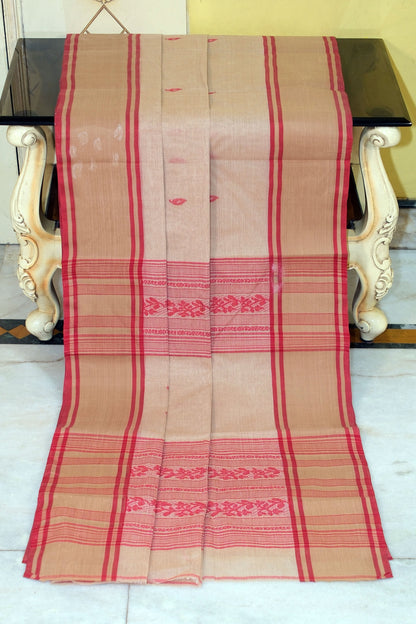 Woven Matta Nakshi Border Premium Quality Bengal Handloom Cotton Saree in Beige, Khaki and Red