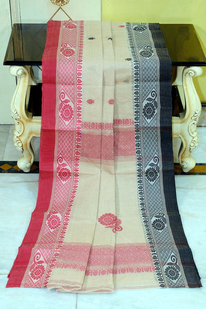 Handwoven Bengal Handloom Cotton Kalakshetra Saree in Beige, Red and Black