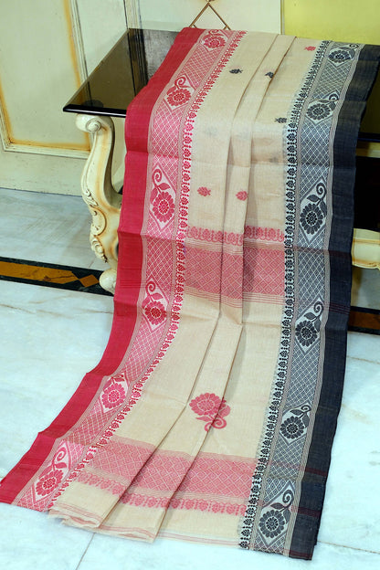 Handwoven Bengal Handloom Cotton Kalakshetra Saree in Beige, Red and Black