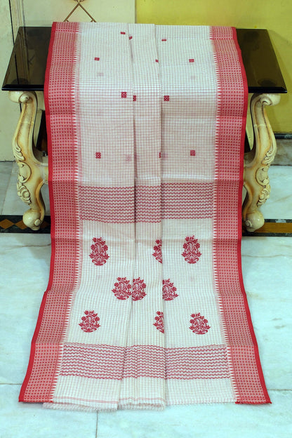 Medium Size Thread Nakshi Border Premium Quality Bengal Handloom Self Microcheck Cotton Saree in Off White and Red