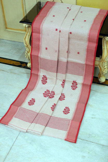 Medium Size Thread Nakshi Border Premium Quality Bengal Handloom Self Microcheck Cotton Saree in Off White and Red