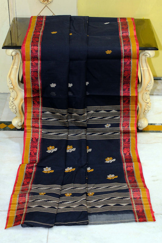 Medium Size Thread Nakshi Border Premium Quality Bengal Handloom Cotton Saree in Black, Red, Mustard and Beige