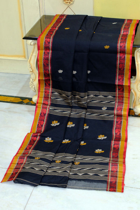 Medium Size Thread Nakshi Border Premium Quality Bengal Handloom Cotton Saree in Black, Red, Mustard and Beige