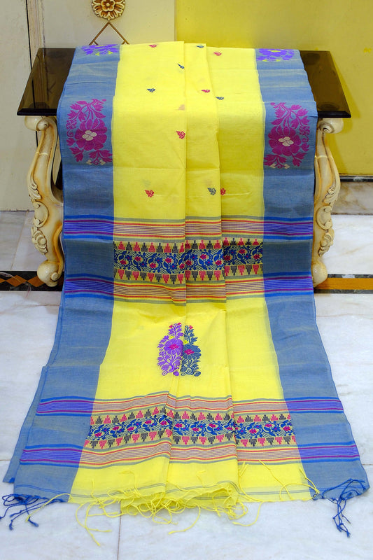 Woven Jamdani Nakshi Work Border Premium Quality Bengal Handloom Cotton Saree in Yellow, Blue, Magenta and Multicolored