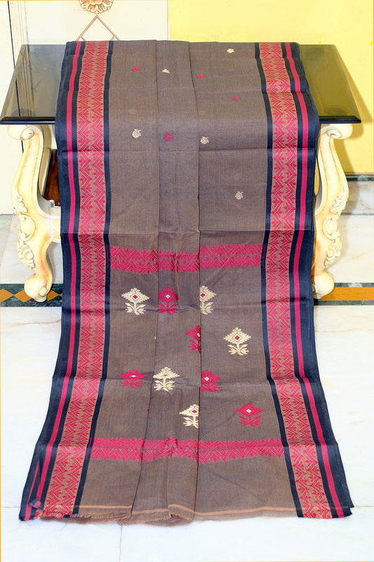 Woven Matta Thread Nakshi Border Premium Quality Bengal Handloom Cotton Saree in Hemp Brown, Red, Navy Blue and  Beige