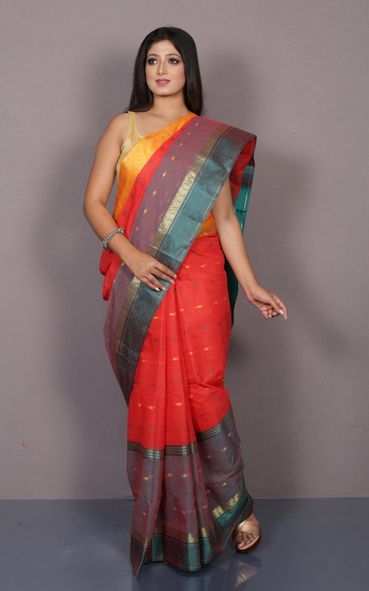 Designer Bengal Tangail Hazar Butti Cotton Saree in Orange, Yellow and Teal Green