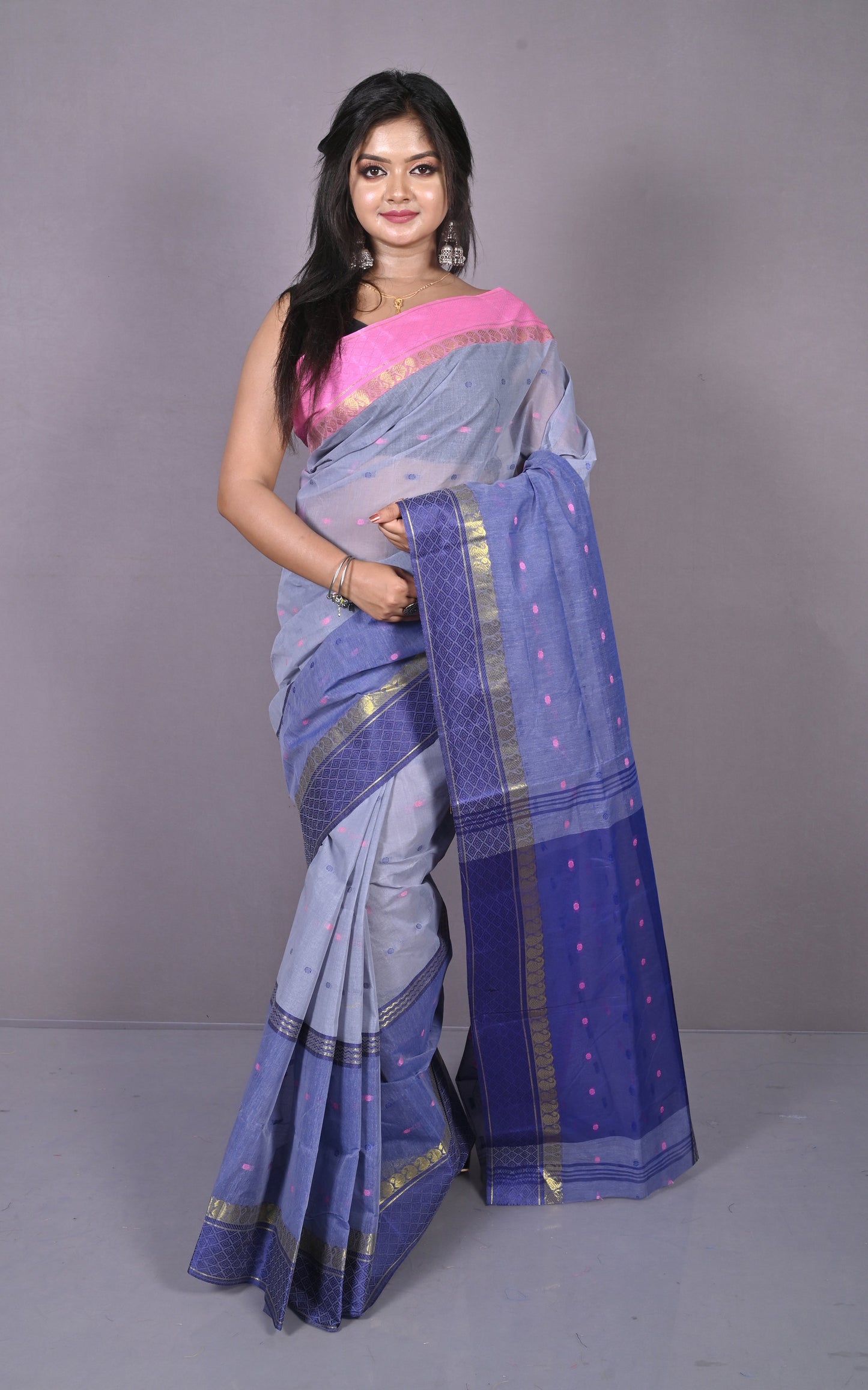 Designer Bengal Tangail Hazar Butti Cotton Saree in Grey, Navy Blue and Pink