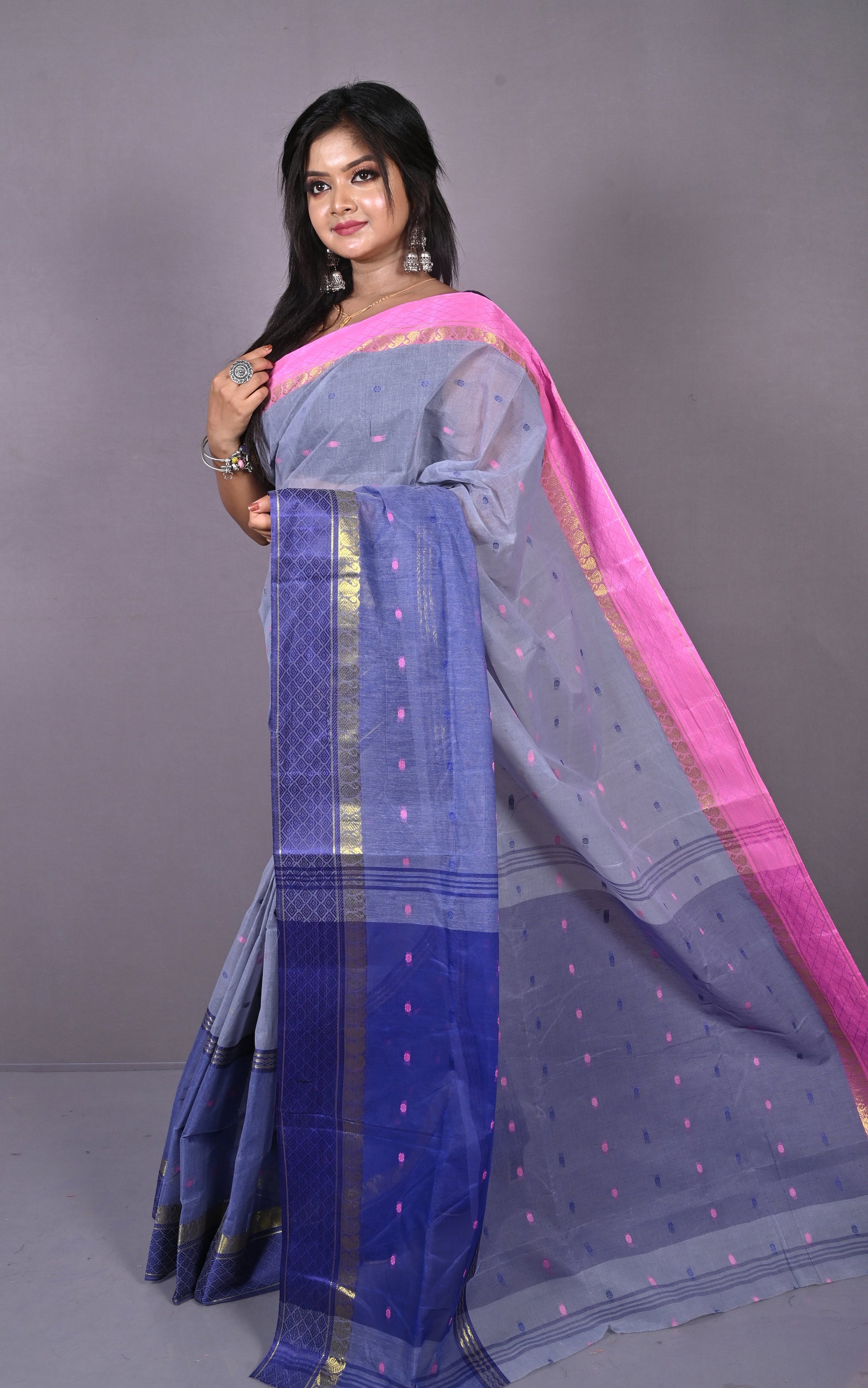 Designer Bengal Tangail Hazar Butti Cotton Saree in Grey, Navy Blue and Pink