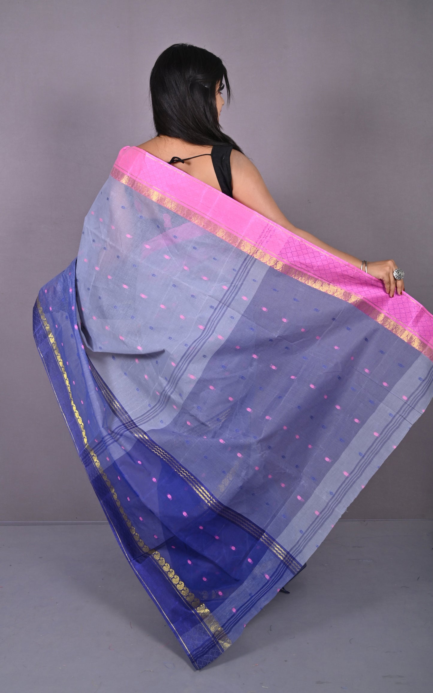 Designer Bengal Tangail Hazar Butti Cotton Saree in Grey, Navy Blue and Pink