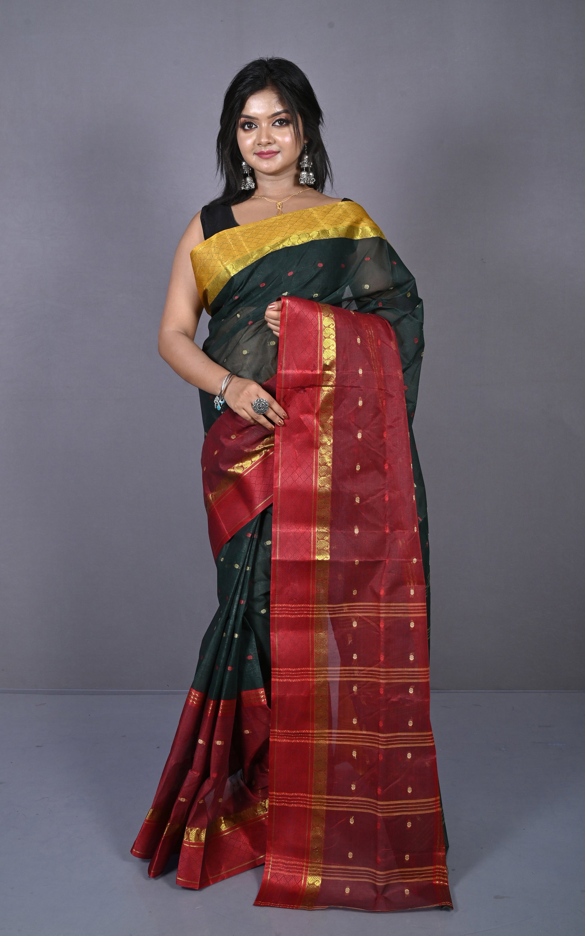 Designer Bengal Tangail Hazar Butti Cotton Saree in Black, Dark Red and Golden Yellow