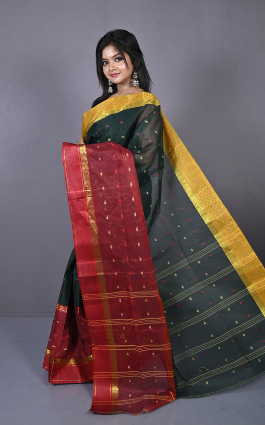 Designer Bengal Tangail Hazar Butti Cotton Saree in Black, Dark Red and Golden Yellow