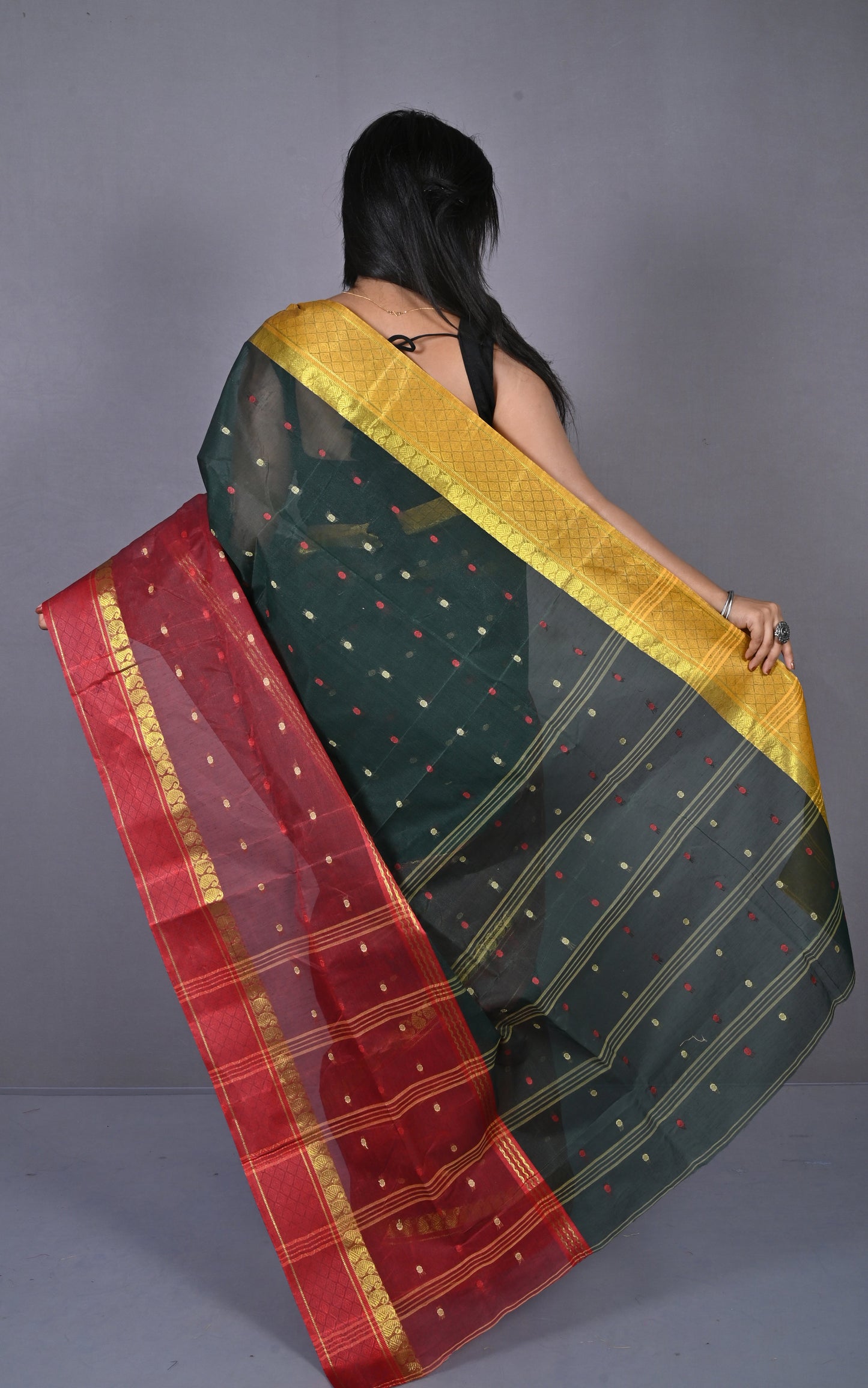 Designer Bengal Tangail Hazar Butti Cotton Saree in Black, Dark Red and Golden Yellow