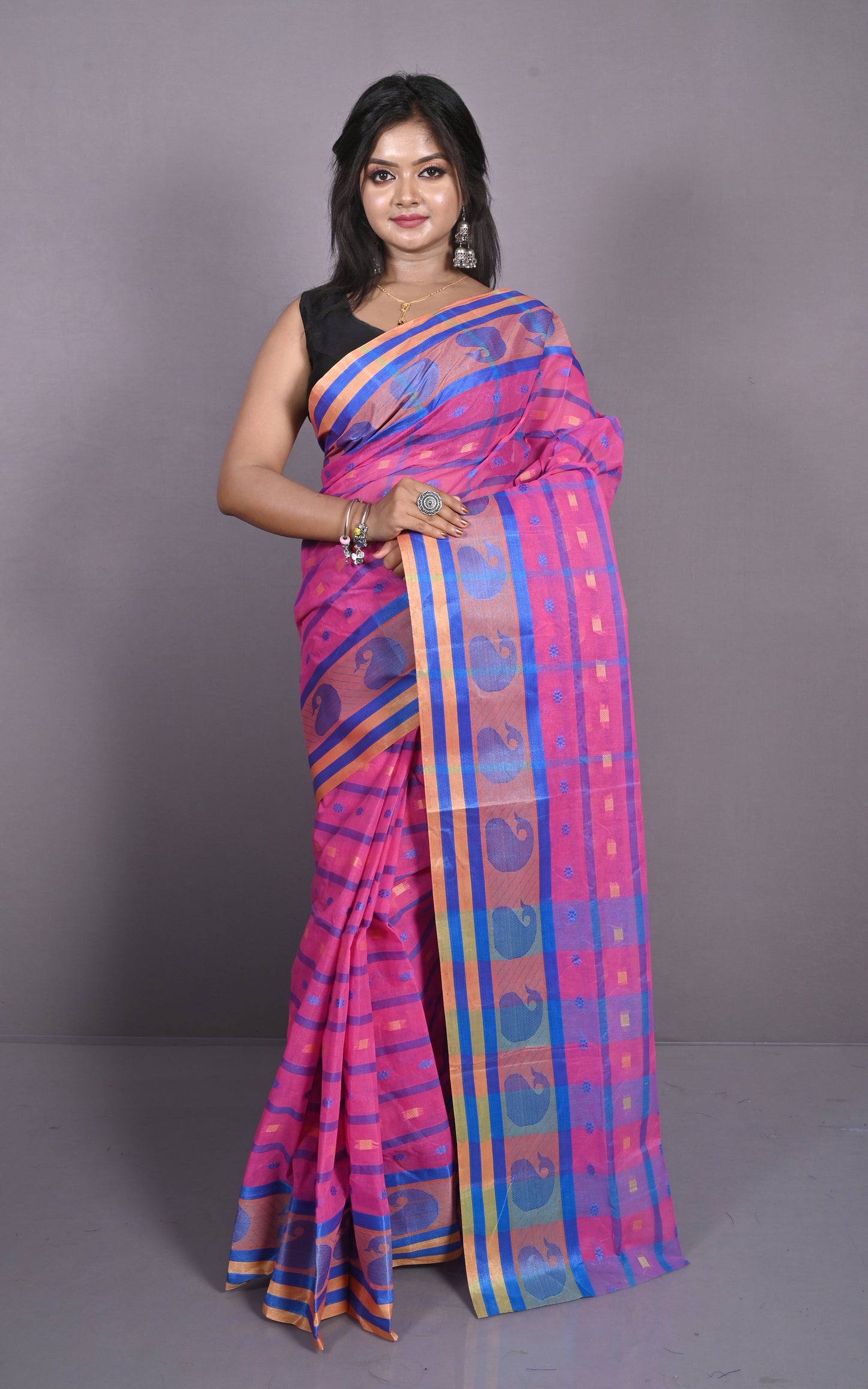 Designer Bengal Tangail Checks with Nakshi Butti Cotton Saree in Pink, Blue and Beige