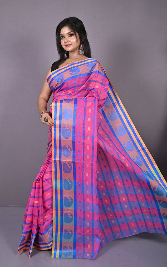 Designer Bengal Tangail Checks with Nakshi Butti Cotton Saree in Pink, Blue and Beige