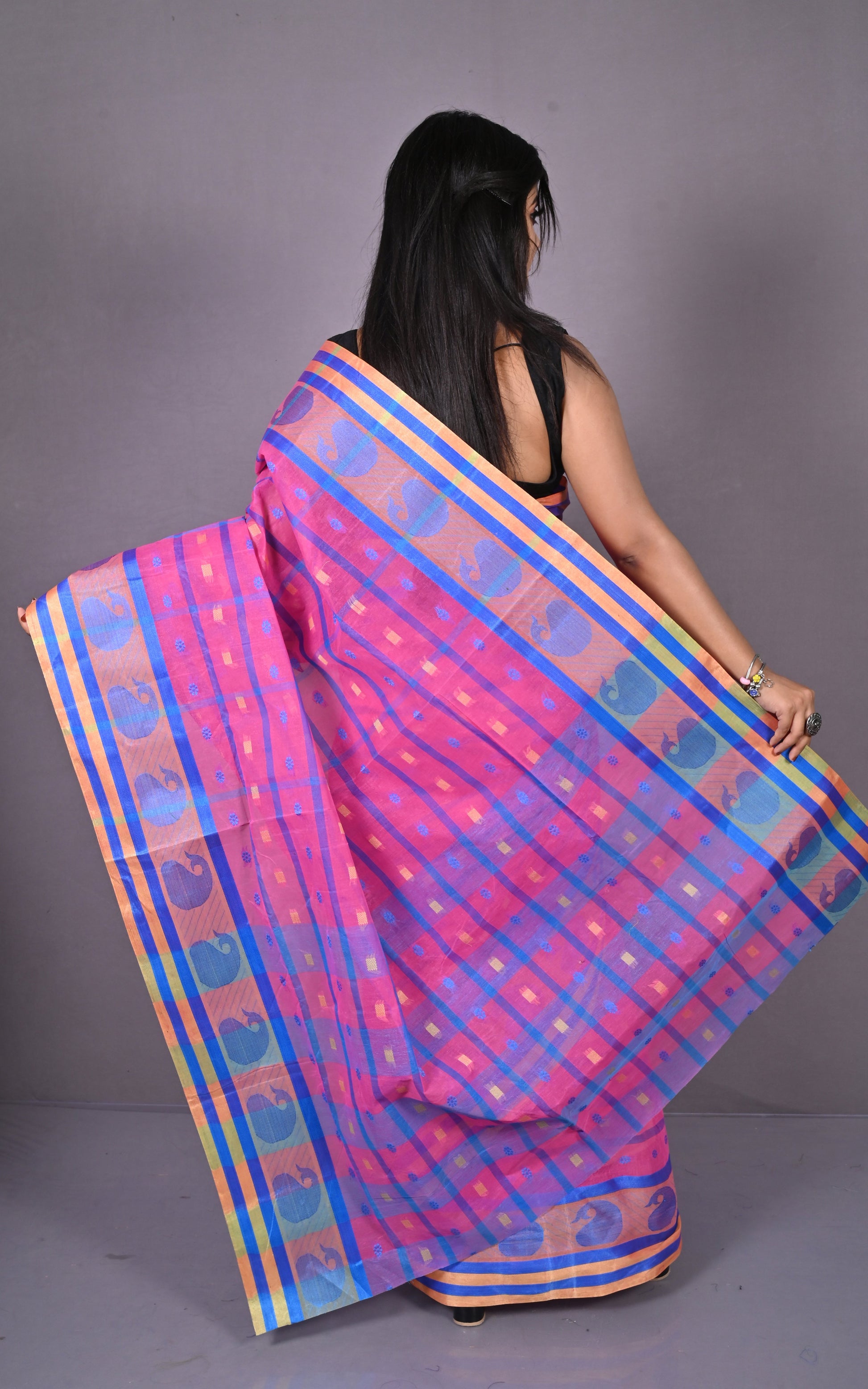 Designer Bengal Tangail Checks with Nakshi Butti Cotton Saree in Pink, Blue and Beige